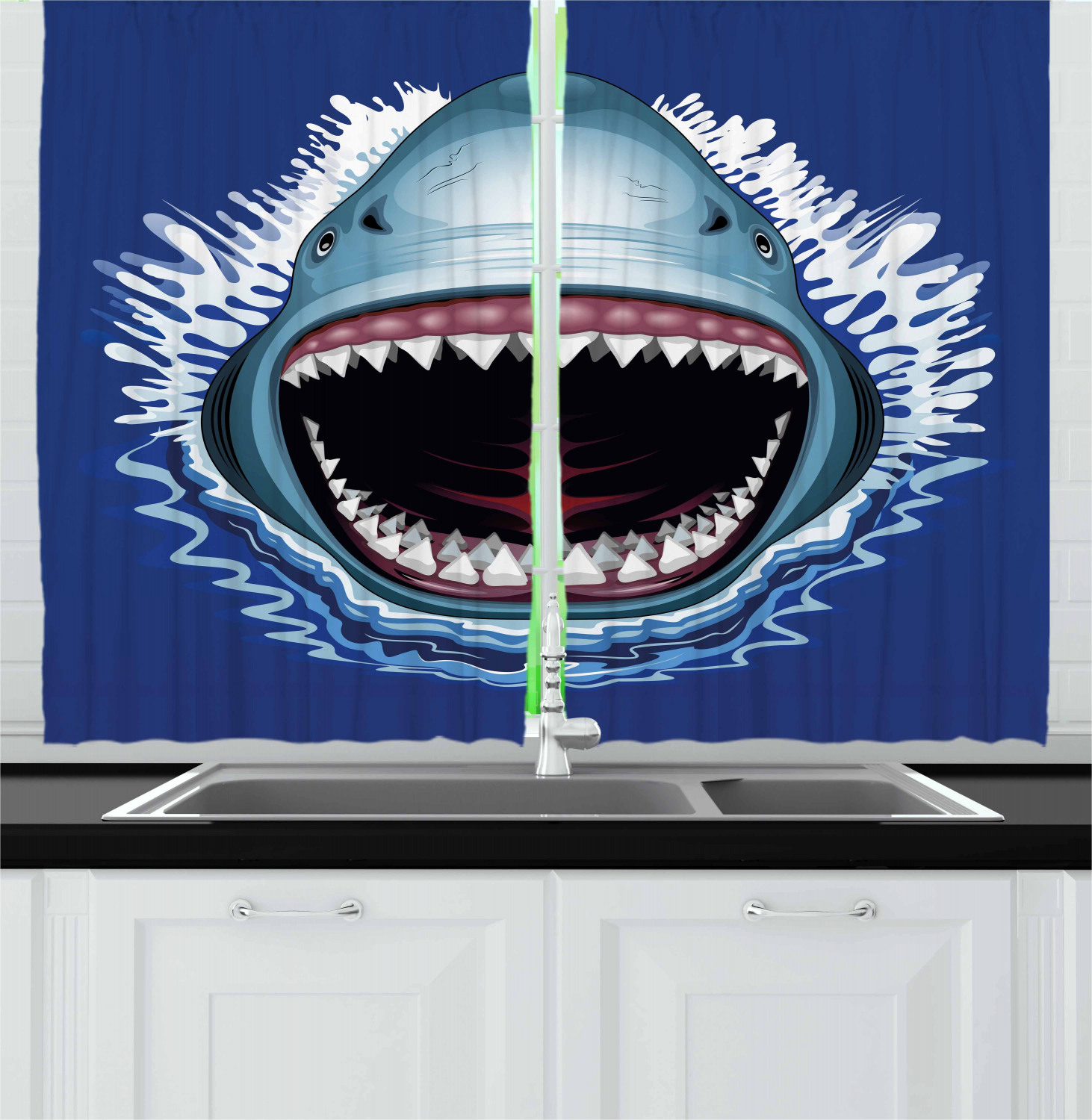 Shark Curtains 2 Panels Set, Attack of Open Mouth Sharp Teeth Sea Danger Wildlife Ocean Life Cartoon, Window Drapes for Living Room Bedroom, 55W X 39L Inches, Navy Blue Grey Fuchsia, by Ambesonne
