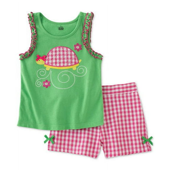 Kids Headquarters Infant Girl 2 PC Turtle Shirt Gingham Check Shorts Outfit 24m