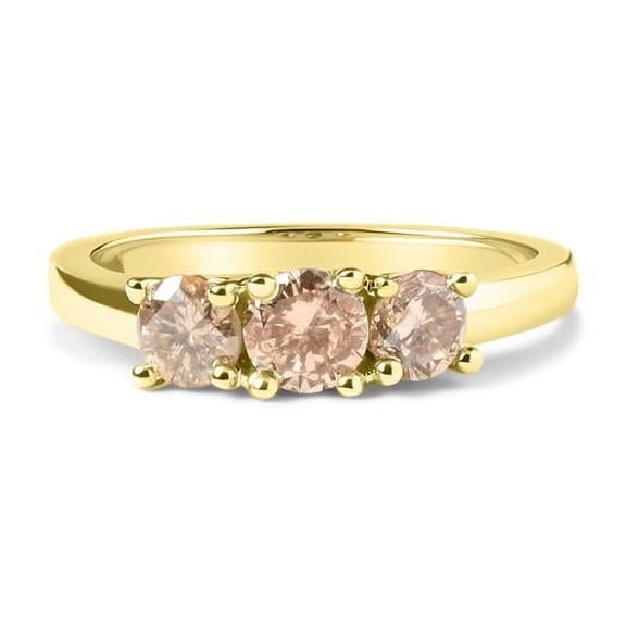 10K Yellow Gold 1.00 CTTW Champagne Diamond 3-Stone Band Ring, J-K Color - I1-I2 Clarity - Size 6