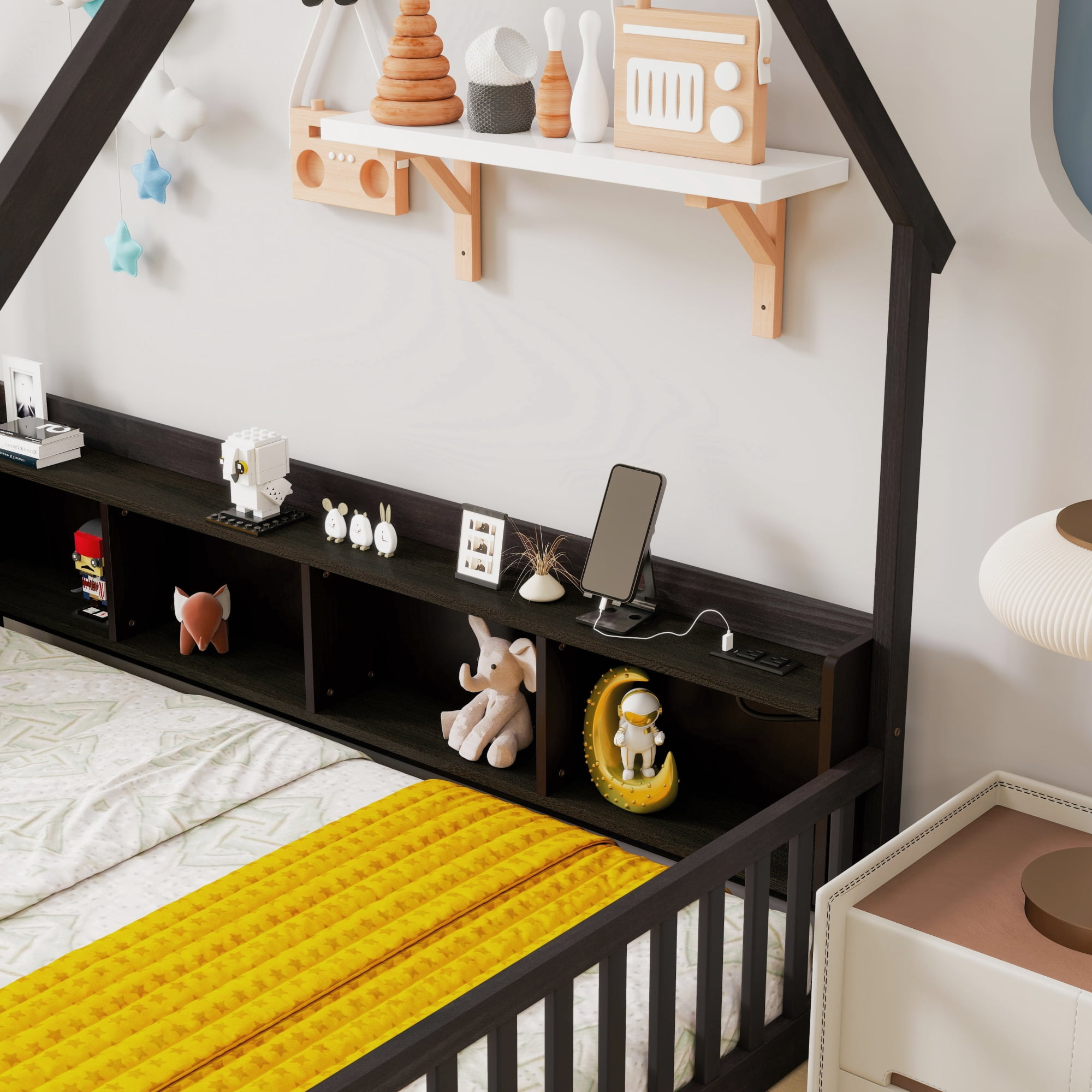Leumius Full Size House Floor Bed with Storage Shelves,Built-in LED Lights & Charging Station,Pine Wood Floor Bed Frame with Safety Guardrails for Kids Bedroom Espresso