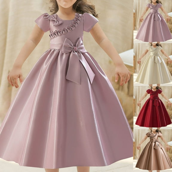 Axiiglly Girls Clothes Bow Knot Patchwork Princess Dress Soid Color Formal Girl Dress Puffy Party Wedding Flower Girl Dress Birthday Clothes for Teen Girls