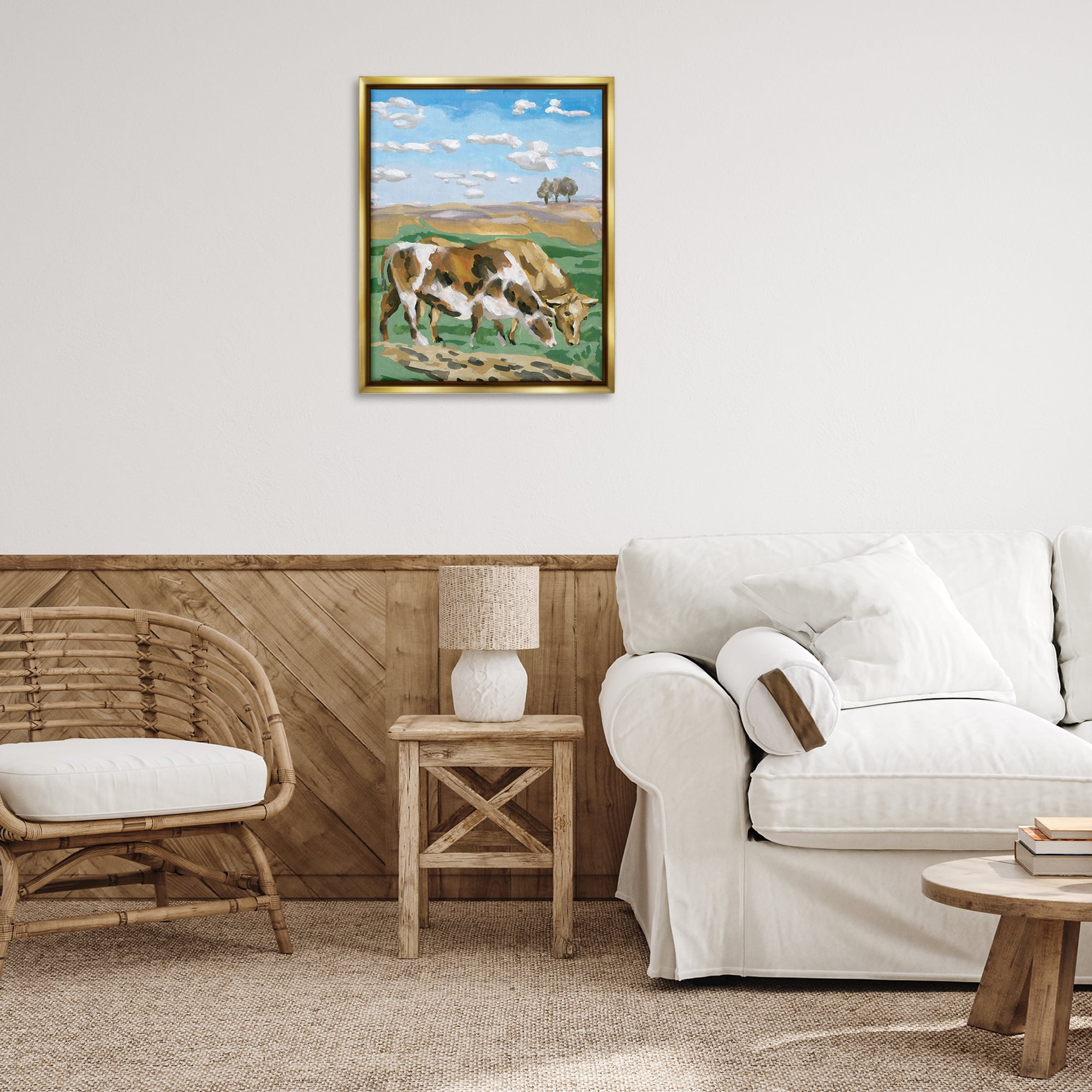 Stupell Industries Cattle Pair in Farmland Animals Painting Gold Floater Framed Canvas Art Print Wall Art, 25 x 31