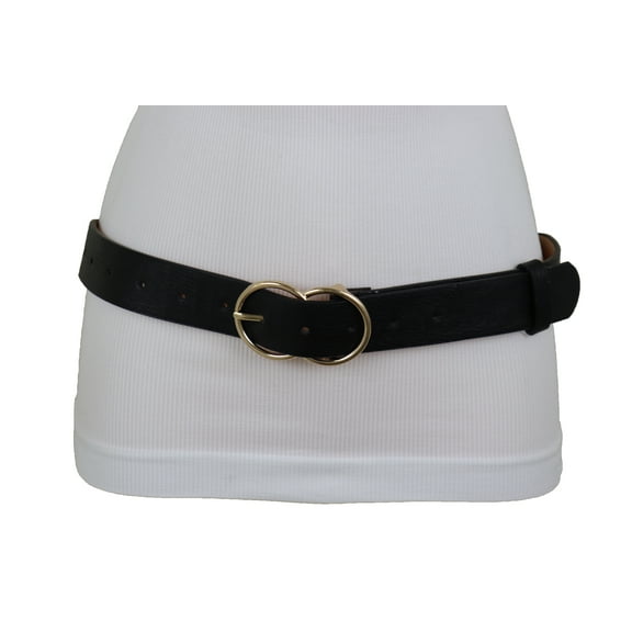 Women Black Color Faux Leather Belt Gold Buckle Size S M