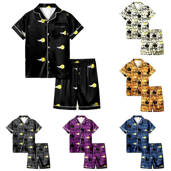CUZIBR Toddler Pajamas For Boys Girls Halloween Short Sleeve Button Down Shirt And Shorts 2 PC Sleepwear Bat Moon Graphic Lapel Smooth Loungewear Soft Party Daily Nightwear,Black,2-3 Years