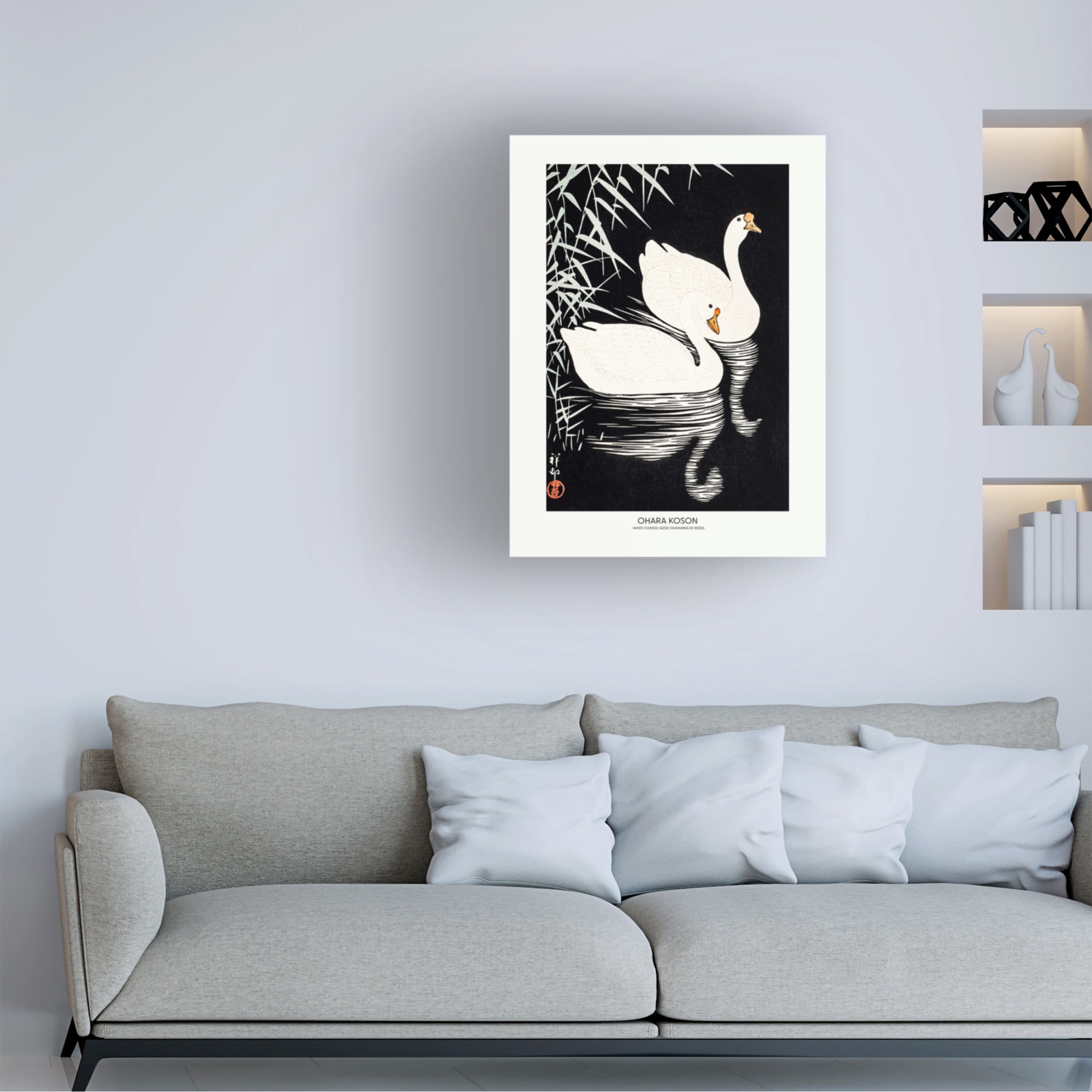 Trademark Fine Art Pictufy  White Chinese Geese Swimming by Reeds Canvas Wall Art