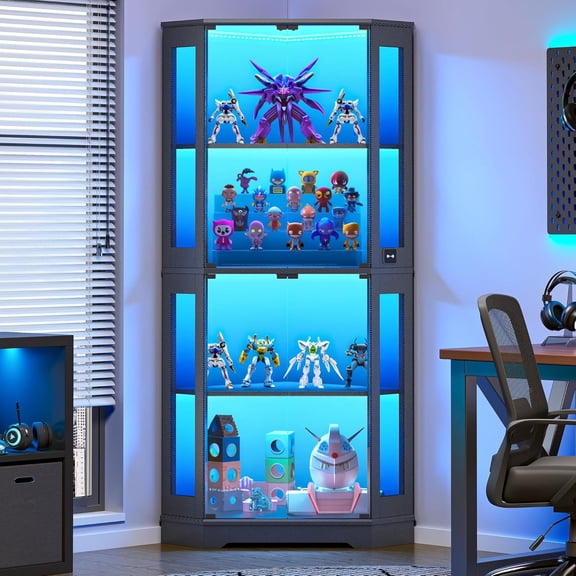 71 Inch Carbon Fiber Corner Glass Display Cabinet with Human Body Sensor & 6-Color LED Lights 4-Tier Tempered Glass Display Case with 2 Adjustable Shelves for Collectibles Toys Black