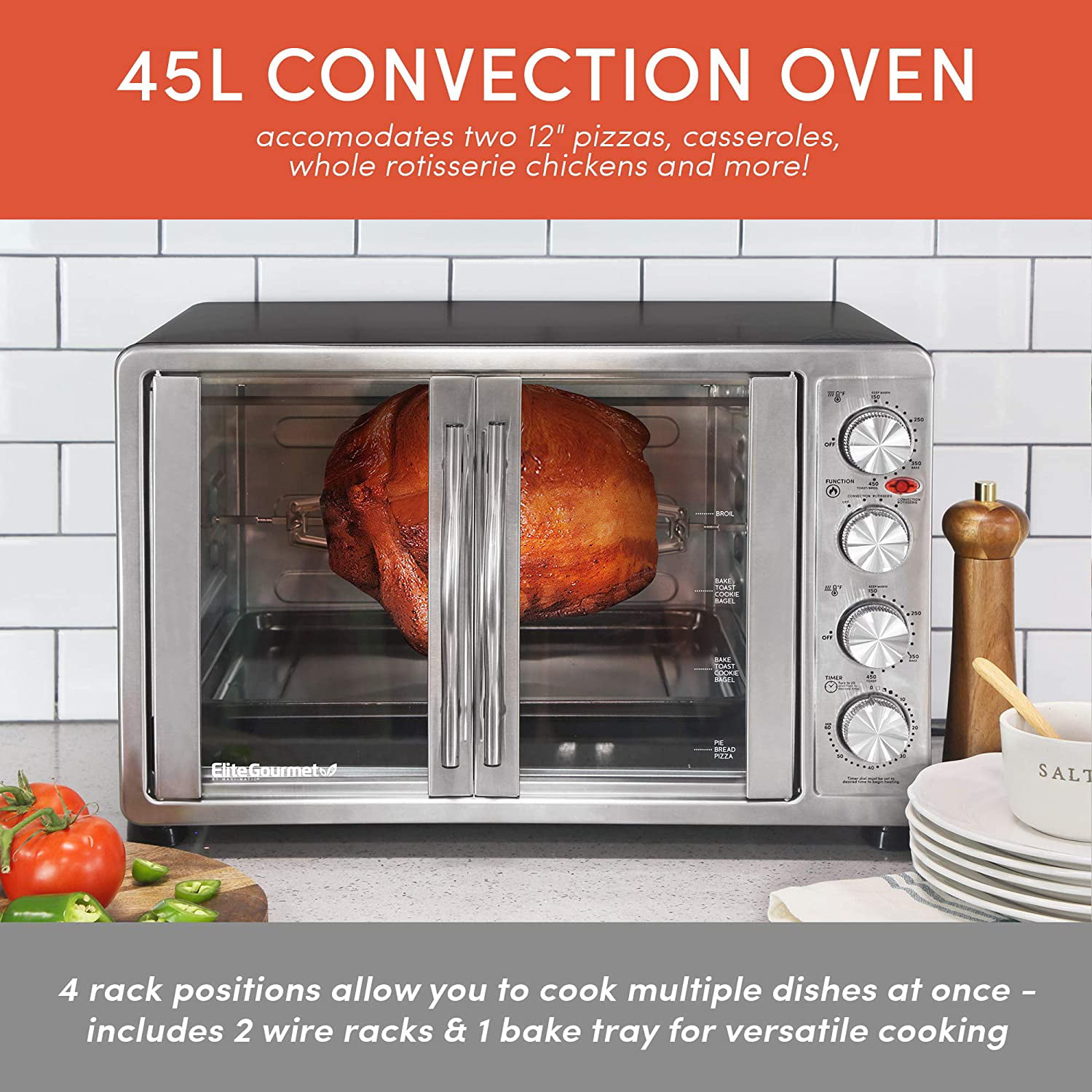 Big 45L 1800W Convection Rotisserie BBQ Roaster Family Electric Pizza Bench Oven 