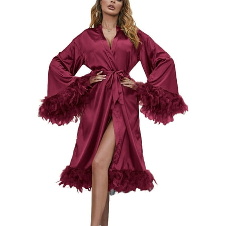 FOCUSNORM Women s Feather Fur Bridal Robe Satin Lingerie Nightgown Bathrobe Sleepwear Silk Satin Bridal Dressing Gown