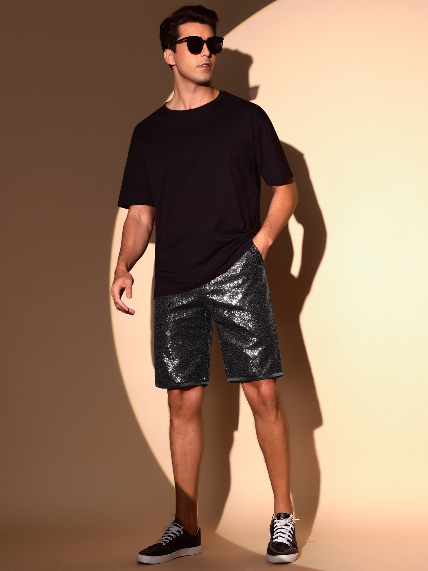 DARING DIVA Men's Sparkly Sequin Shorts Straight Leg Club Rave Metallic Shorts 34 Black