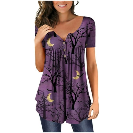 

Shirts for Women Womens Tops Dressy Casual Women Fashion V- Neck Floral Printed Tunic Tops Buttons Short Sleeve T-shirt Off The Shoulder Tops for Women Tube Tops for Women New Arrival Purple 3XL