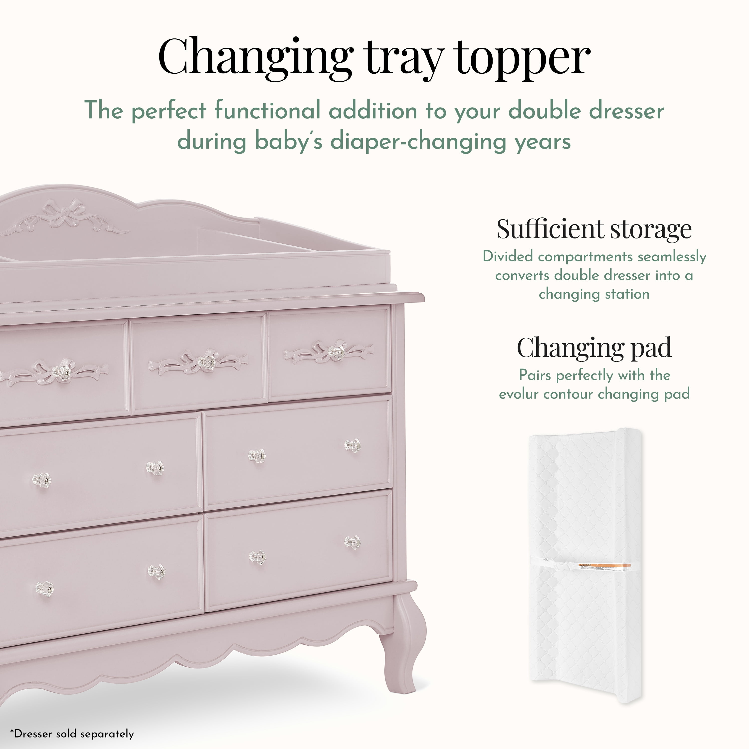 Evolur Aurora Changing Tray I Lasting Quality I Intricate Ribbon Bow Scrollwork In Dusty Rose
