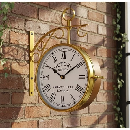 Vintage Railway Station Double Sided Wall Clock, Antique Gold Metal