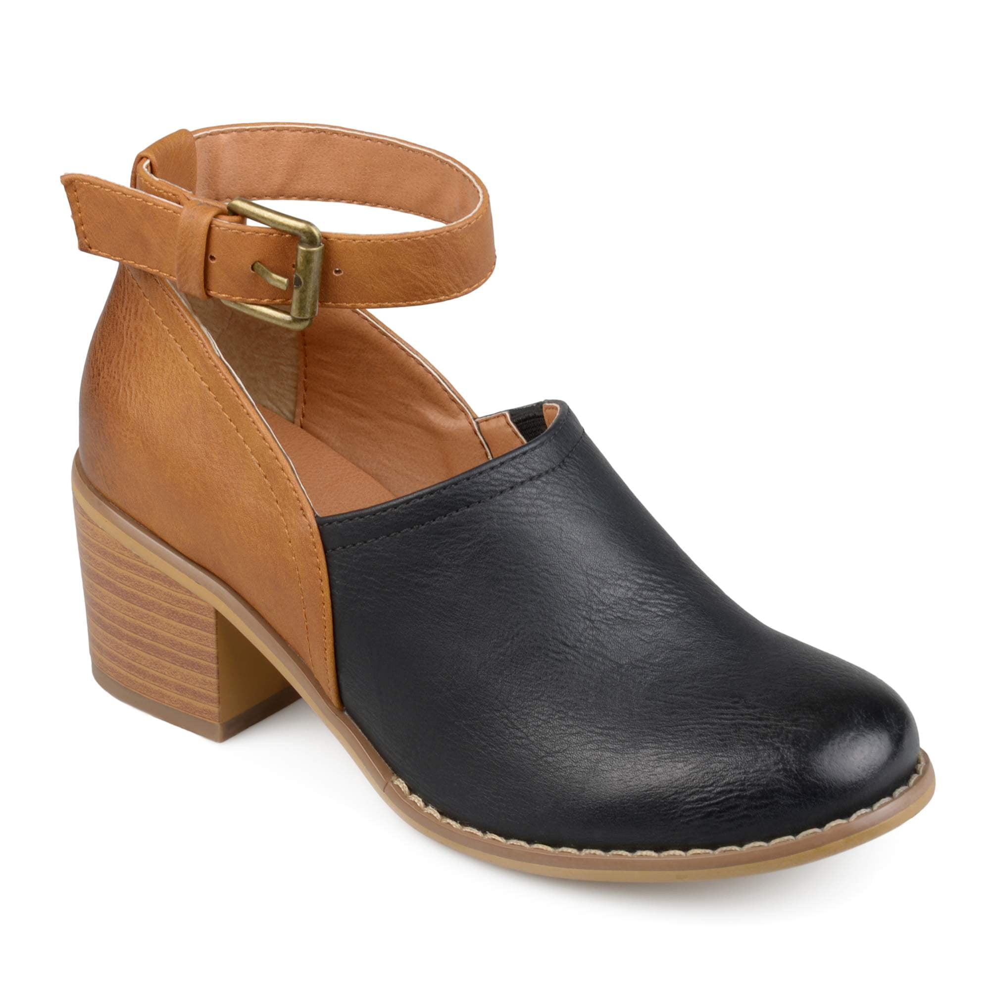 Womens Faux Leather Wood Stacked Heel Ankle Strap Clogs