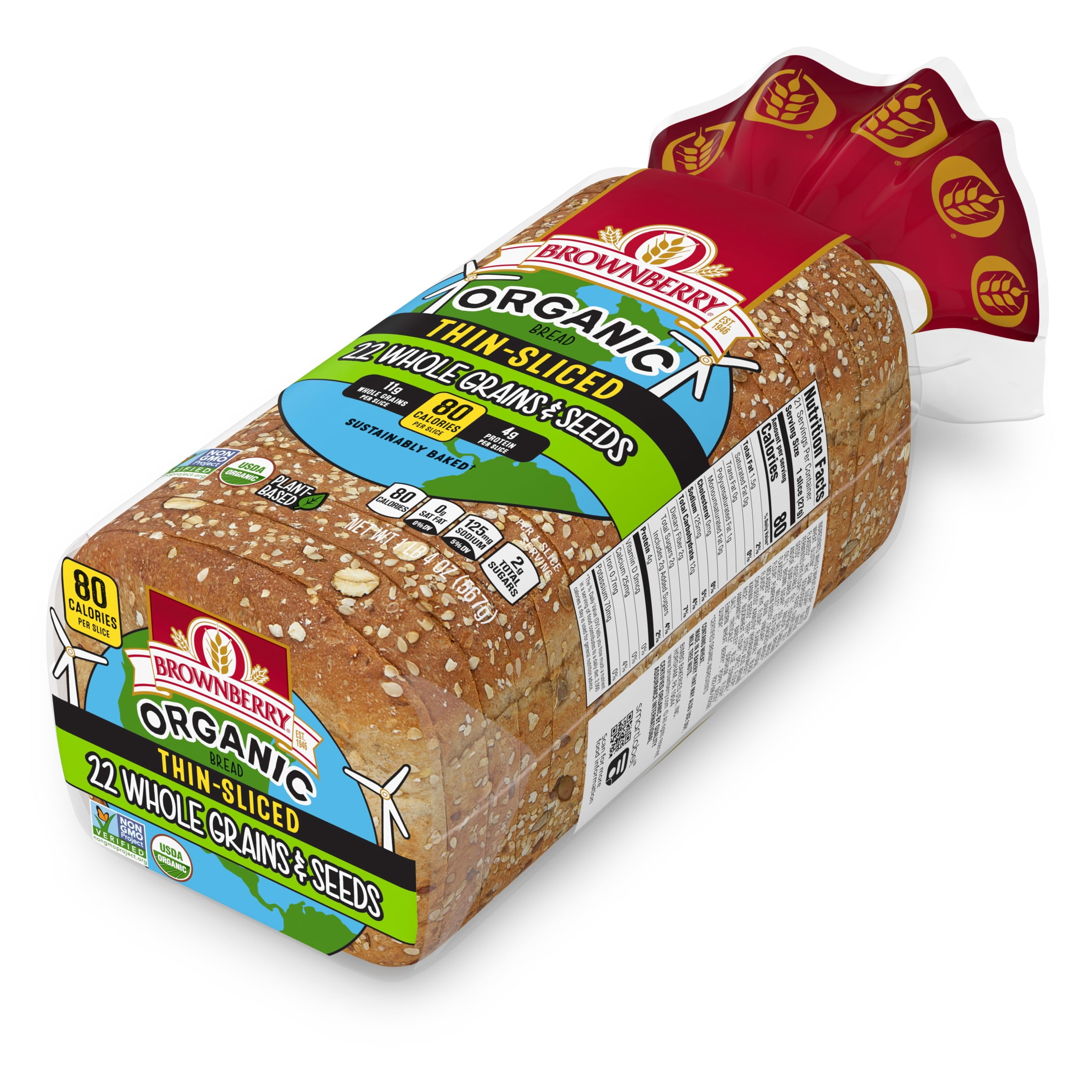Brownberry Organic 22 Whole Grains & Seeds Bread, 20 oz, Thin Sliced Multigrain Bread, Bag