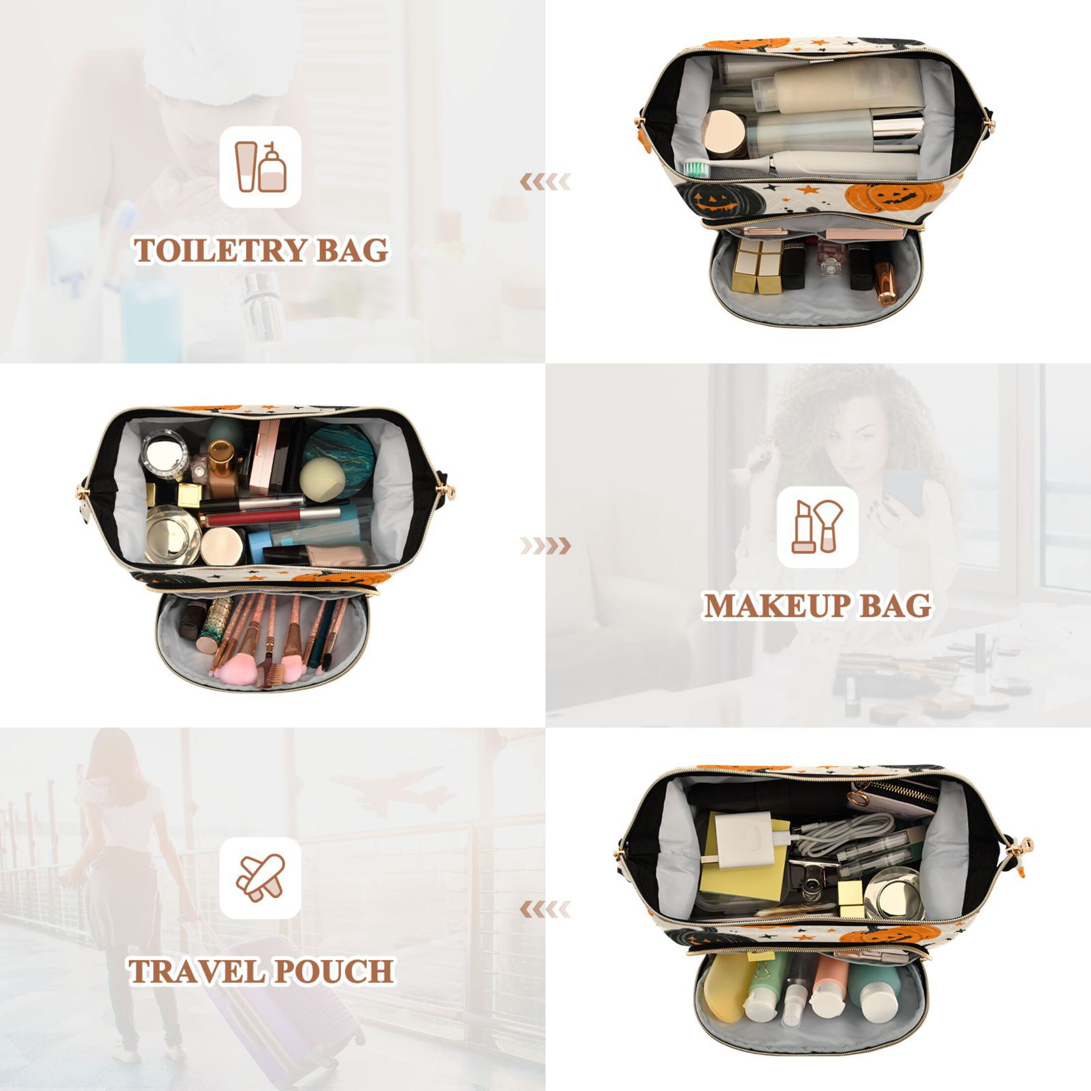 Wavy Quilted Cosmetic Bag Large-Capacity Travel Toiletry Organizer Includes 9-Piece Portable Travel Bottle Set Cartoon Halloween Pumpkins and Bats