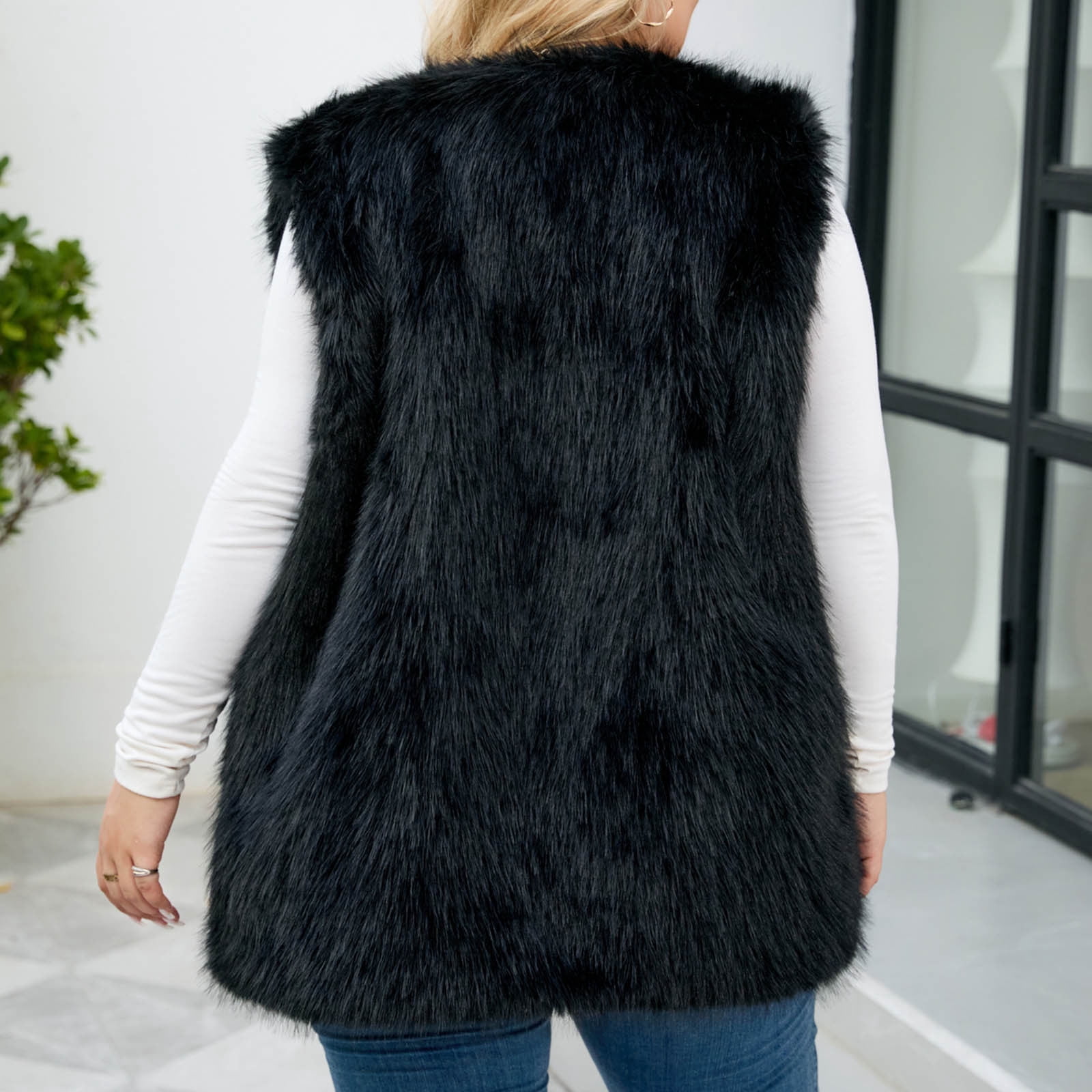 Uaswgudfs Women's Black Faux Fur Vest, Plus Size Winter Sleeveless Warm Outerwear, Casual Fashion Layering Jacket - Trendy Style Black 2XL