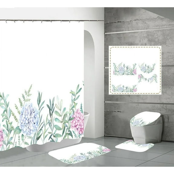Watercolor Floral Green Leaf Shower Curtain Set Spring Plant Flower Bath Curtains Non-Slip Rug Bathroom Mat Toilet Lid Cover 4pc