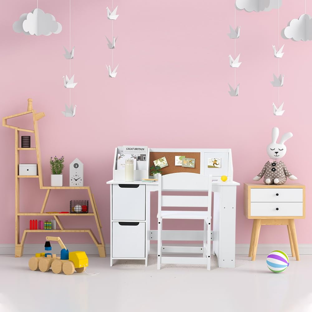 Kids Study Desk and Chair Set, Wooden School Learning Table with Storage, Hutch and Bulletin Board, Children Computer Desk with Chair, Small Toddler Desk for Home, School, White