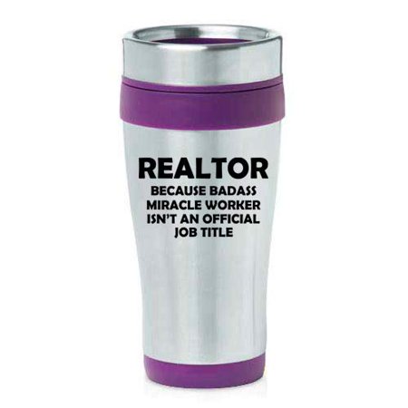 

16 oz Insulated Stainless Steel Travel Mug Realtor Real Estate Agent Broker Miracle Worker Job Title Funny (Purple)