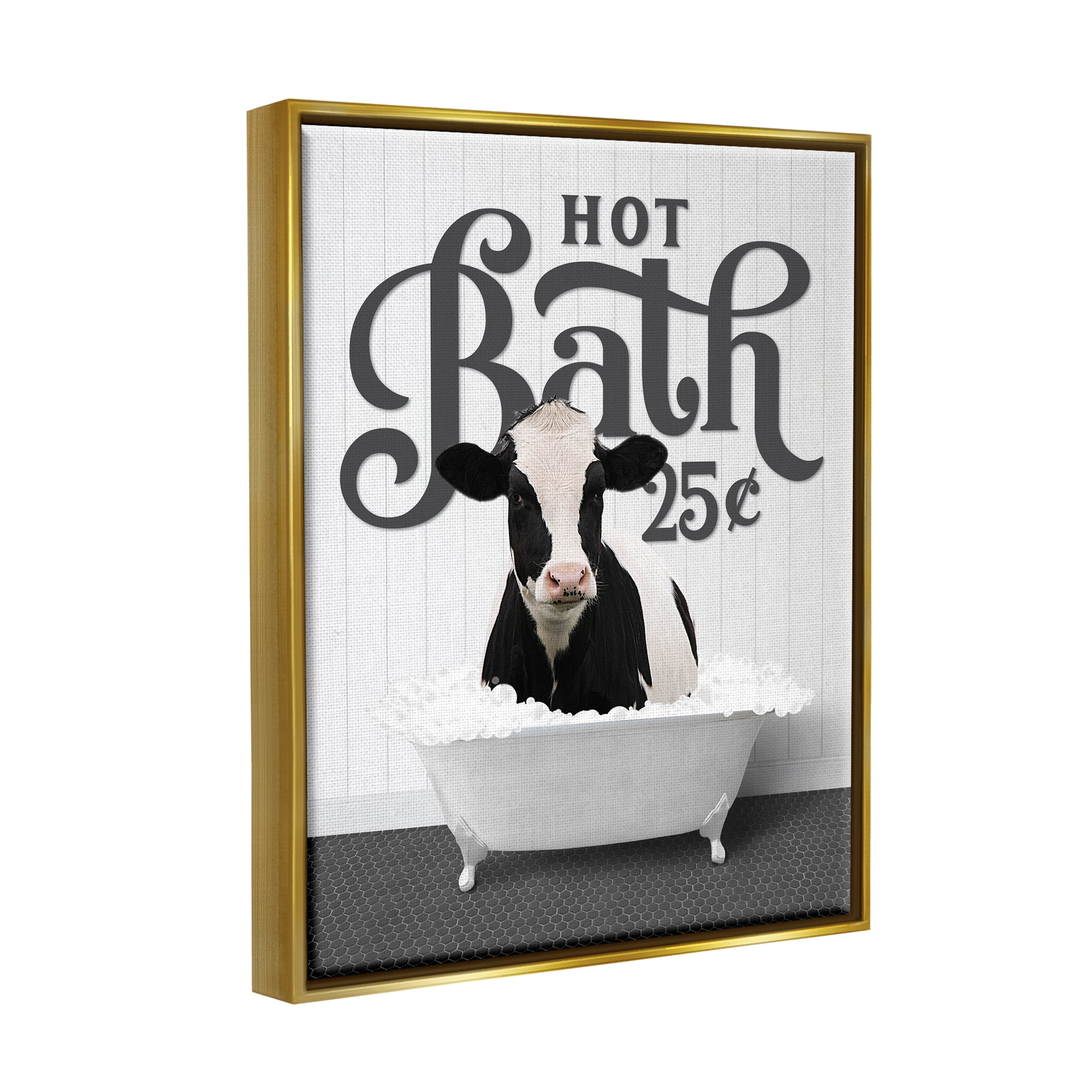 Stupell Industries Hot Bath Farmhouse Cow Animals & Insects Painting Gold Floater Framed Art Print Wall Art, 17 x 21