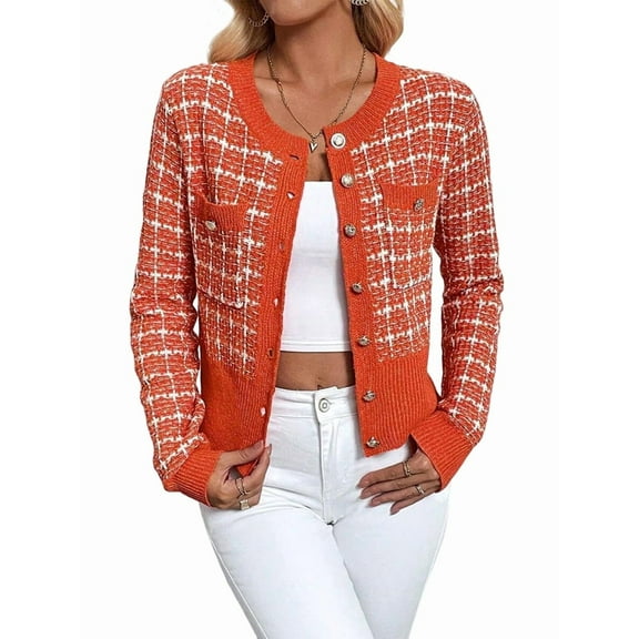 Womens - Plaid Blazer Dressy Casual Button Front Cardigan Crew Neck Long Sleeve Texture Knit Jackets Orange-Red S