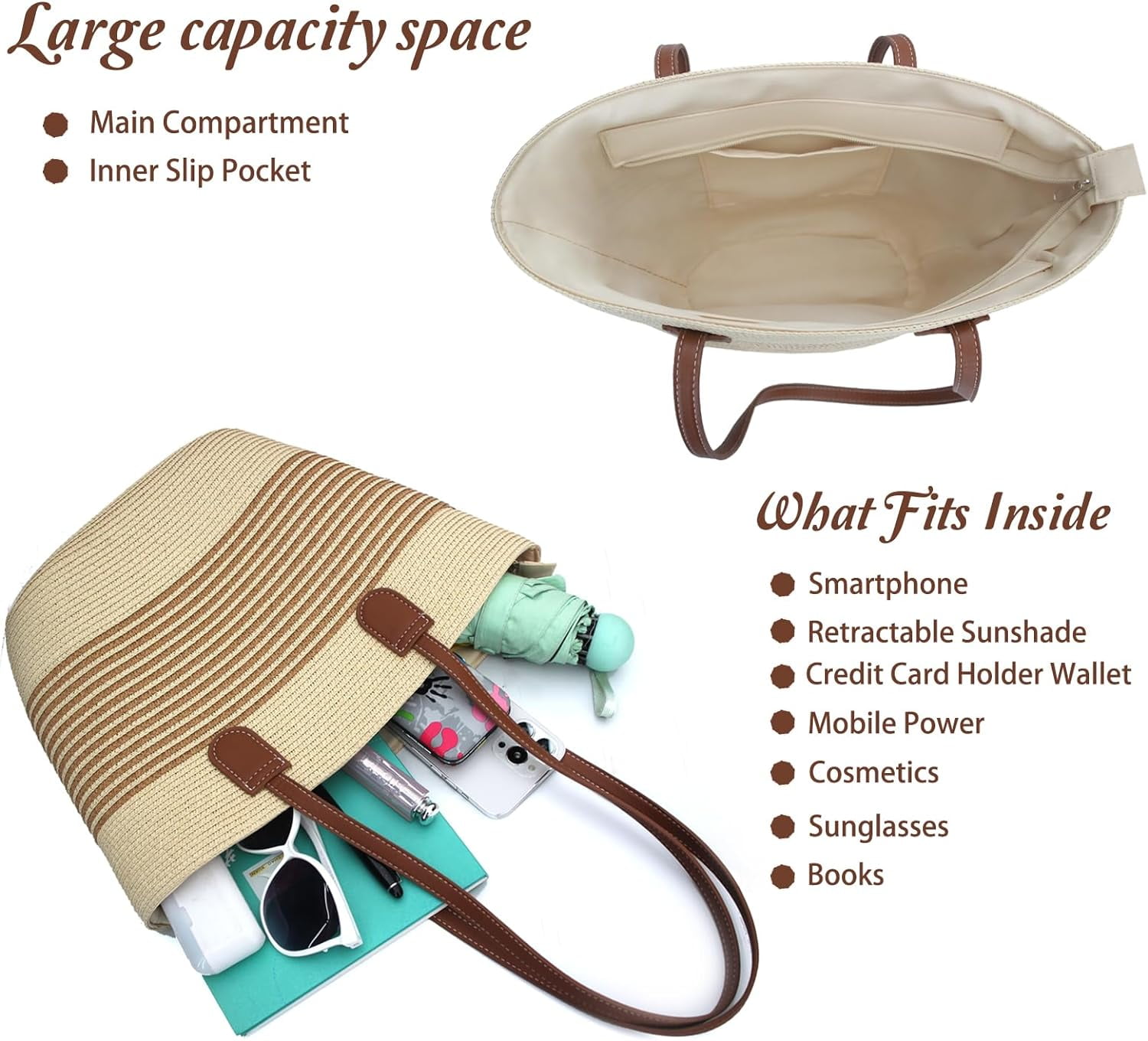 Straw Beach Tote Bag for Women, Large Woven Purse with Zipper for Summer Travel, Beach Vacation Shoulder Bag