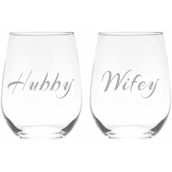 C&M Personal Gifts 17 oz Hubby and Wifey Stemless Wine Glass Set of 2 – Wedding Anniversary Engagement Themed Gift for Men and Women