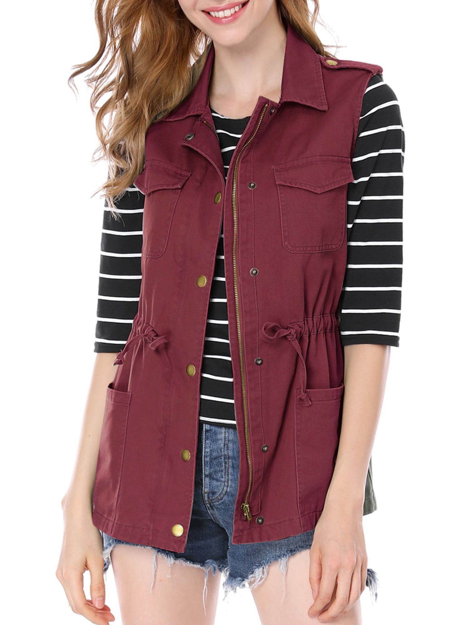 Allegra K Women's Functional Pockets Drawstring Waist Cargo Vest L
