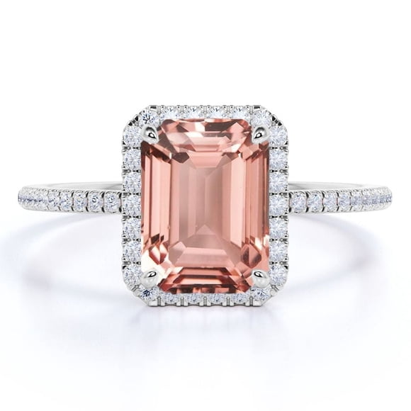 JeenMata Anillo de Compromiso con Halo de Morganita Tallada en Esmeralda de 1,75 Quilates en Oro Blanco de 18 K sobre Plata
