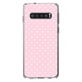 thumbnail image 1 of DistinctInk Clear Shockproof Hybrid Case for Samsung Galaxy S10 (6.1" Screen) - TPU Bumper, Acrylic Back, Tempered Glass Screen Protector - Pink & White Polka Dot Pattern, 1 of 2