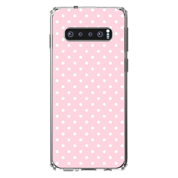 DistinctInk Clear Shockproof Hybrid Case for Samsung Galaxy S10 (6.1" Screen) - TPU Bumper, Acrylic Back, Tempered Glass Screen Protector - Pink & White Polka Dot Pattern