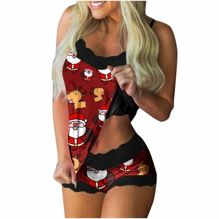 

Tejiojio Women Clothing Gifts Women Christmas Comfort Bra Fashion Print Pajamas Sleeveless Lace Cami Shorts Pajama Set