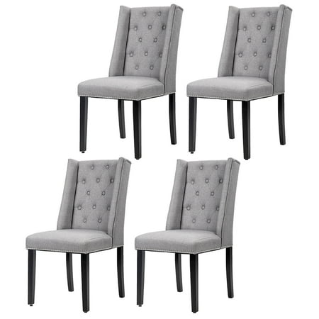 Set Of 4 Grey Elegant Dining Side Chairs Button Tufted Fabric W Nailhead