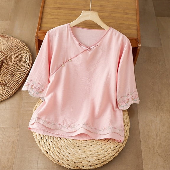 WCJM Blouses for Women Dressy Casual T Shirts for Women Linen Shirts for Women 3/4 Sleeve V Neck Blouses Buttons Plus Size Loose Fit T-Shirts Solid Color Summer Holiday Tops