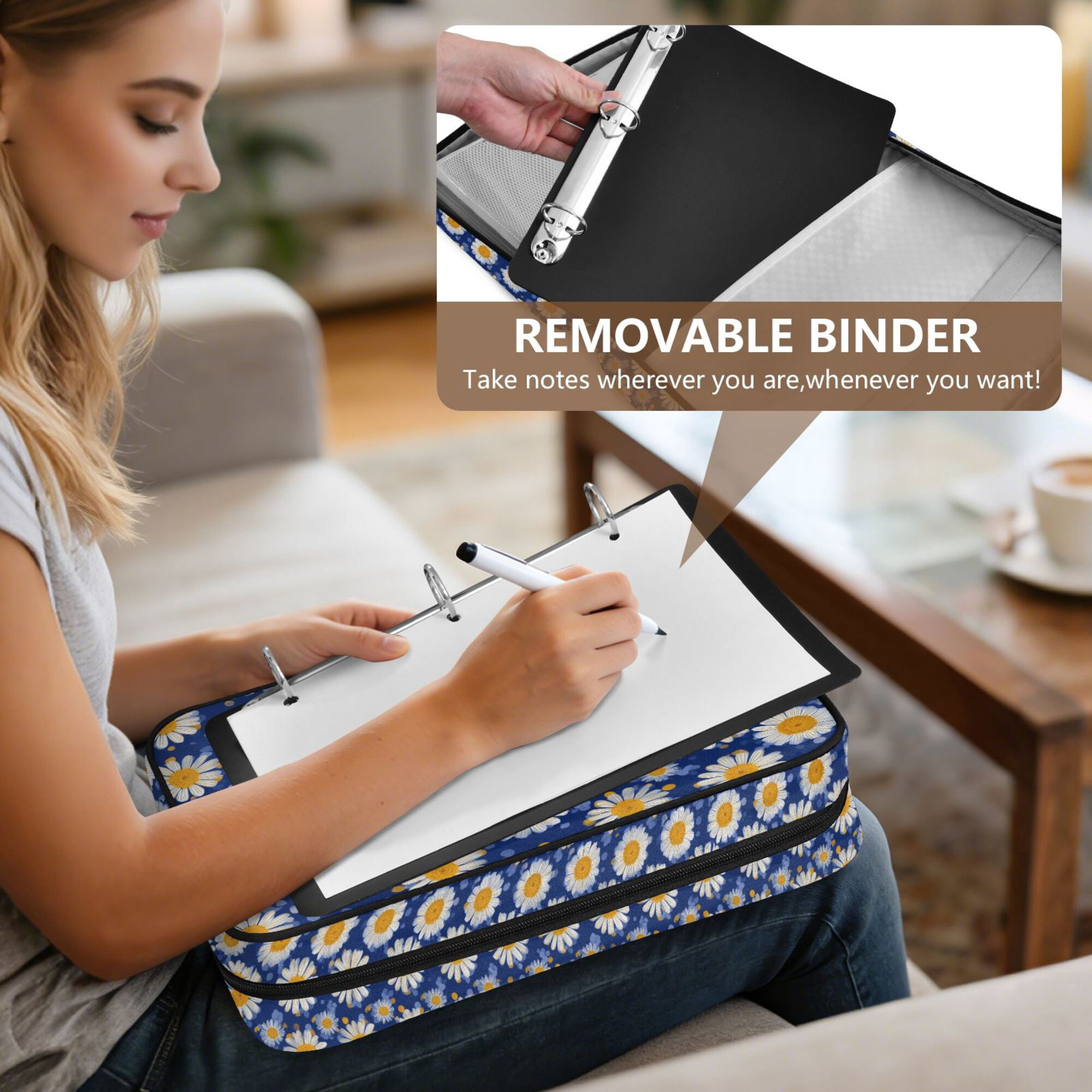 FORMRS Accordion File Folder A4 Size 7-Pocket Expanding Document Organizer Bag with 3 Ring Binder, Elegant Daisy Pattern