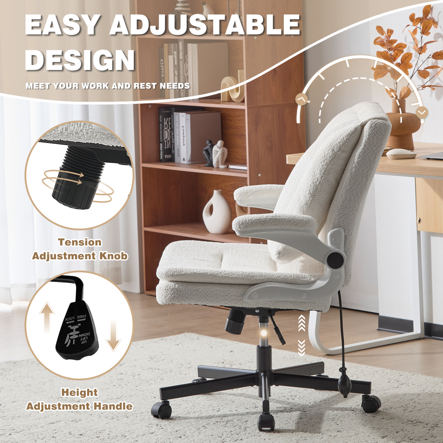Wide Criss Cross Chair with Flip Up Back Cushion and Arms, Ergonomic Cross Legged Office Chair with Dynamic Lumbar Support, Upholstered Swivel Rolling Vanity Chair for Customized Comfort