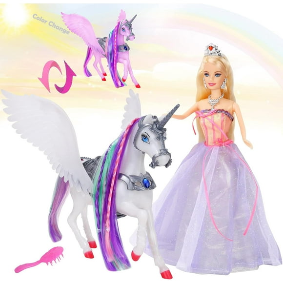 MEGAFUN Color Change Unicorn Toys & Princess Doll with Rainbow Braided Hair Removable Saddle&Wings Princess Toy Unicorn Gifts for Girls