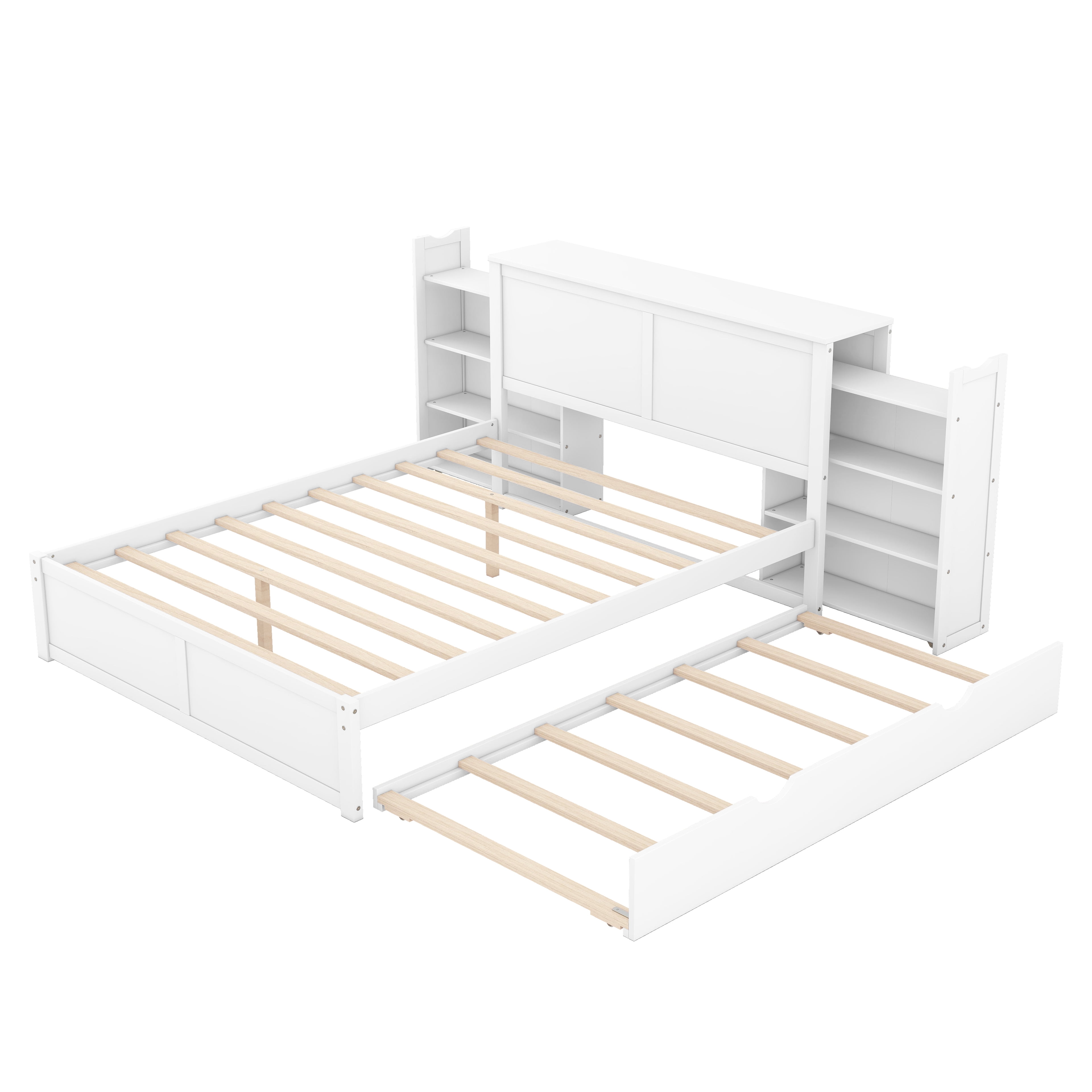 Euroco Queen Size Wood Platform Bed with Trundle and Storage Cabinet for Adults Bedroom
