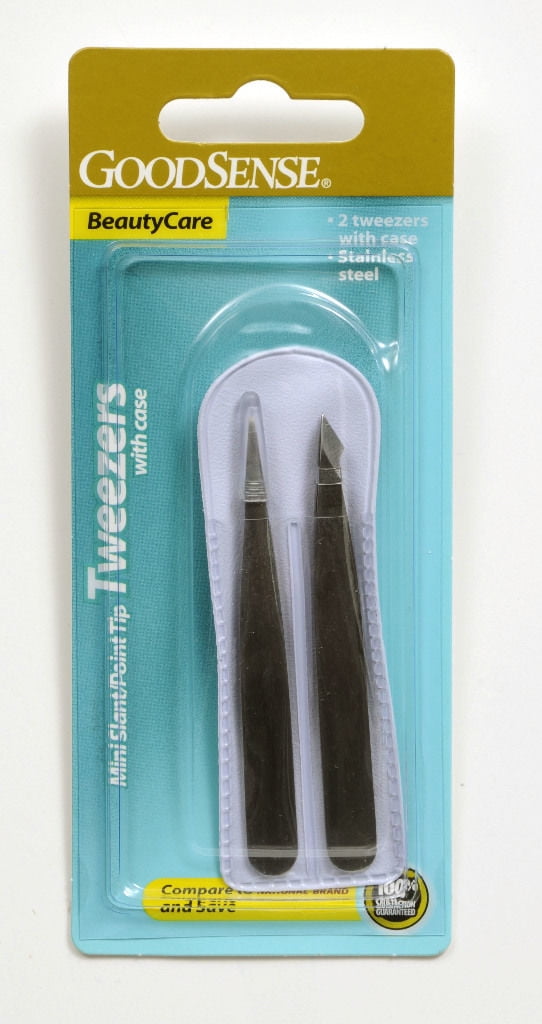 2 Stainless Steel Tweezers W/Case Mini Slant and Point Tip Good Sense