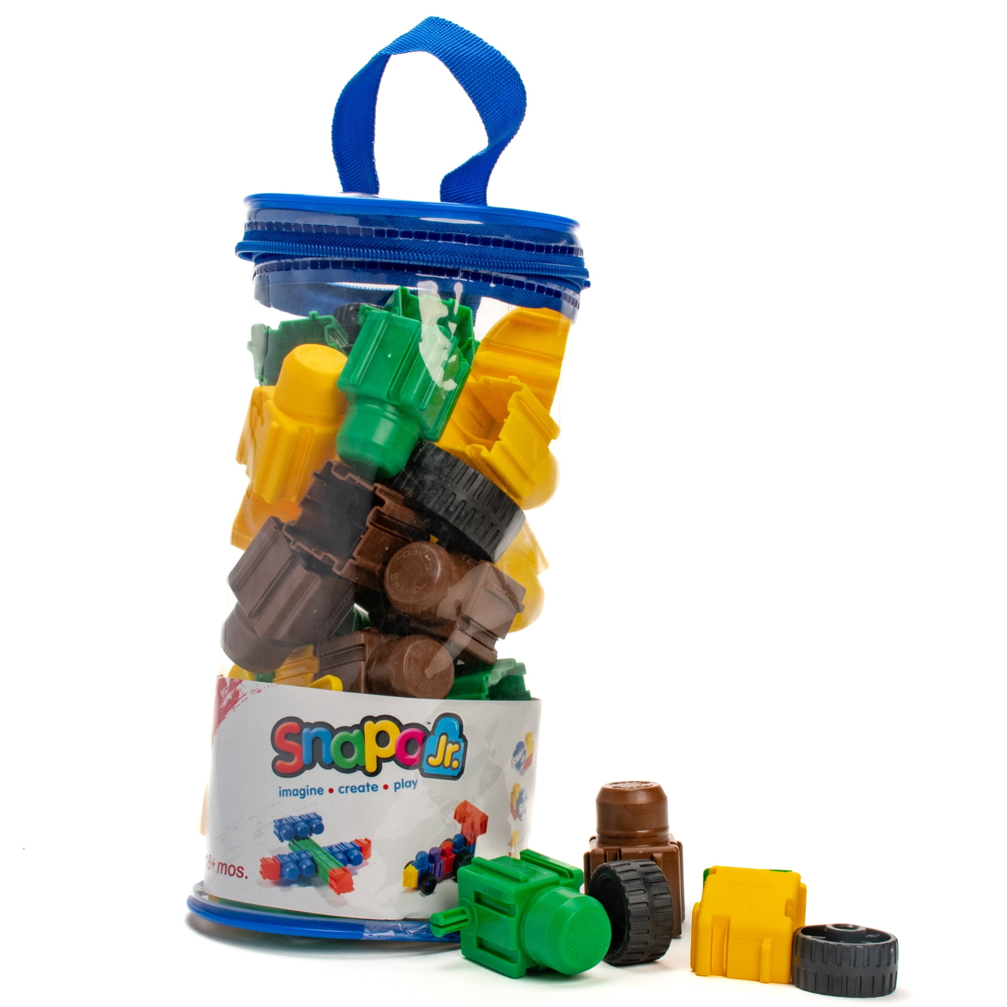 Snapo Jr. Dinosaur Creator Kit - 40 pcs - Green-Yellow-Brown Blocks & Wheels, Connect On All 6 Sides, 3D Building Toy, Snap-Slide-Rotate, Kids 18mo+