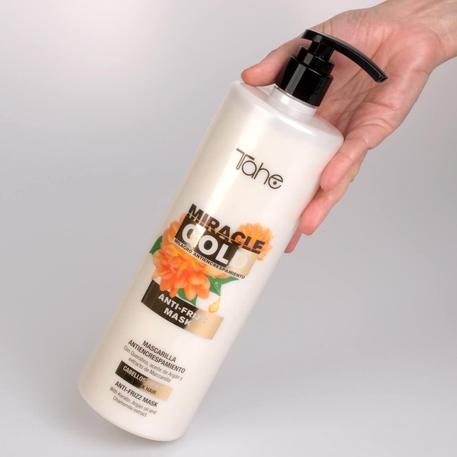 Tahe Miracle Gold Anti-Frizz Mask for Thick Hair with Keratin, Argan Oil, and Chamomile Extract, 1000ml