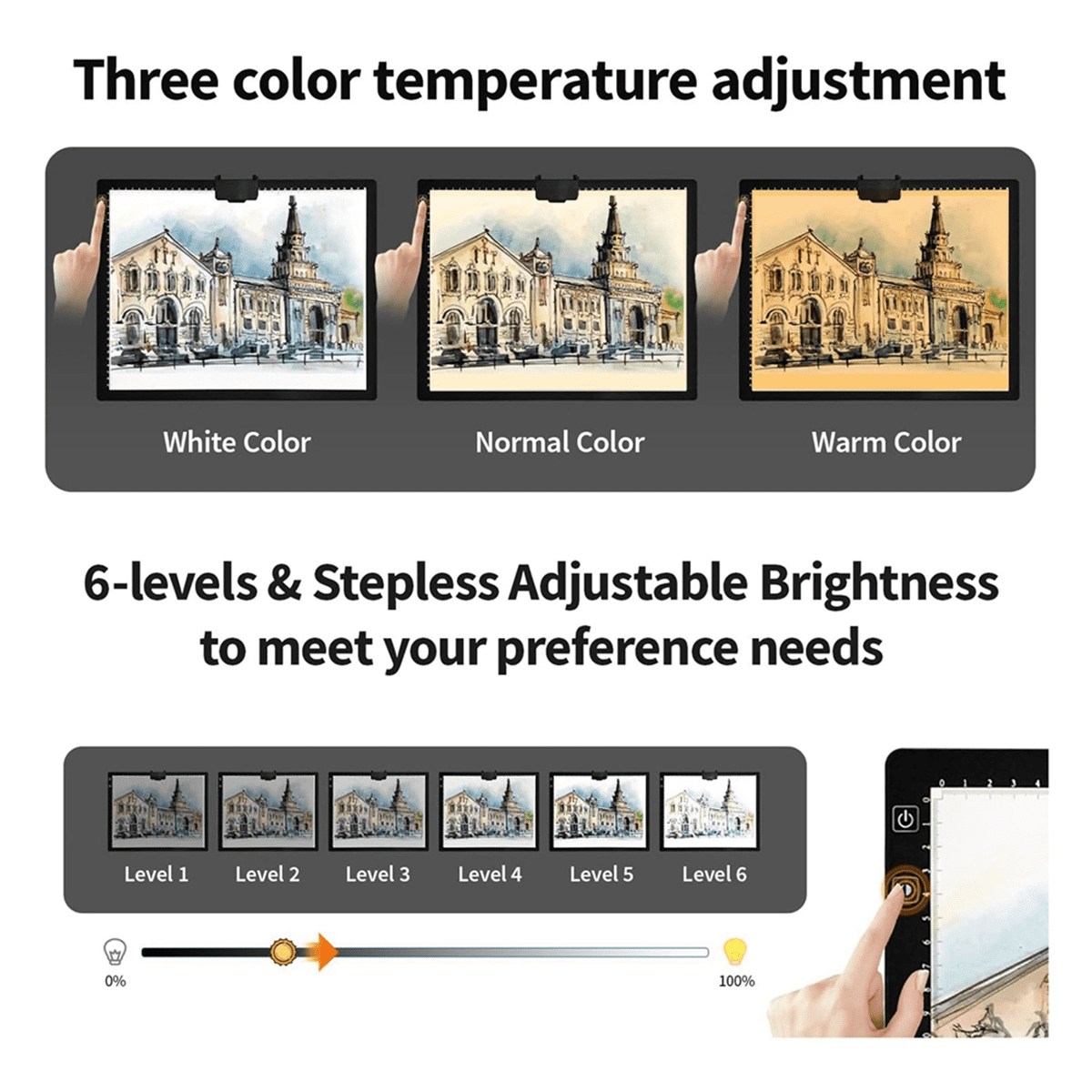Rechargeable A3 Light Pad for ,Tracing Light Box with Stand and Clip,3 Colors Stepless Dimmable