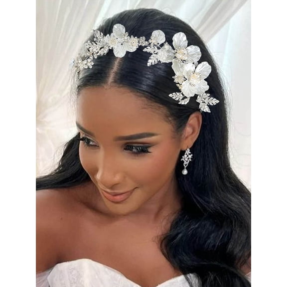 Flower Bride Wedding Headband Silver Hair Vine Crystal Leaf Bridal Headpiece Floral Hair Piece Bridesmaid Wedding Hair Accessories for Women and Girls