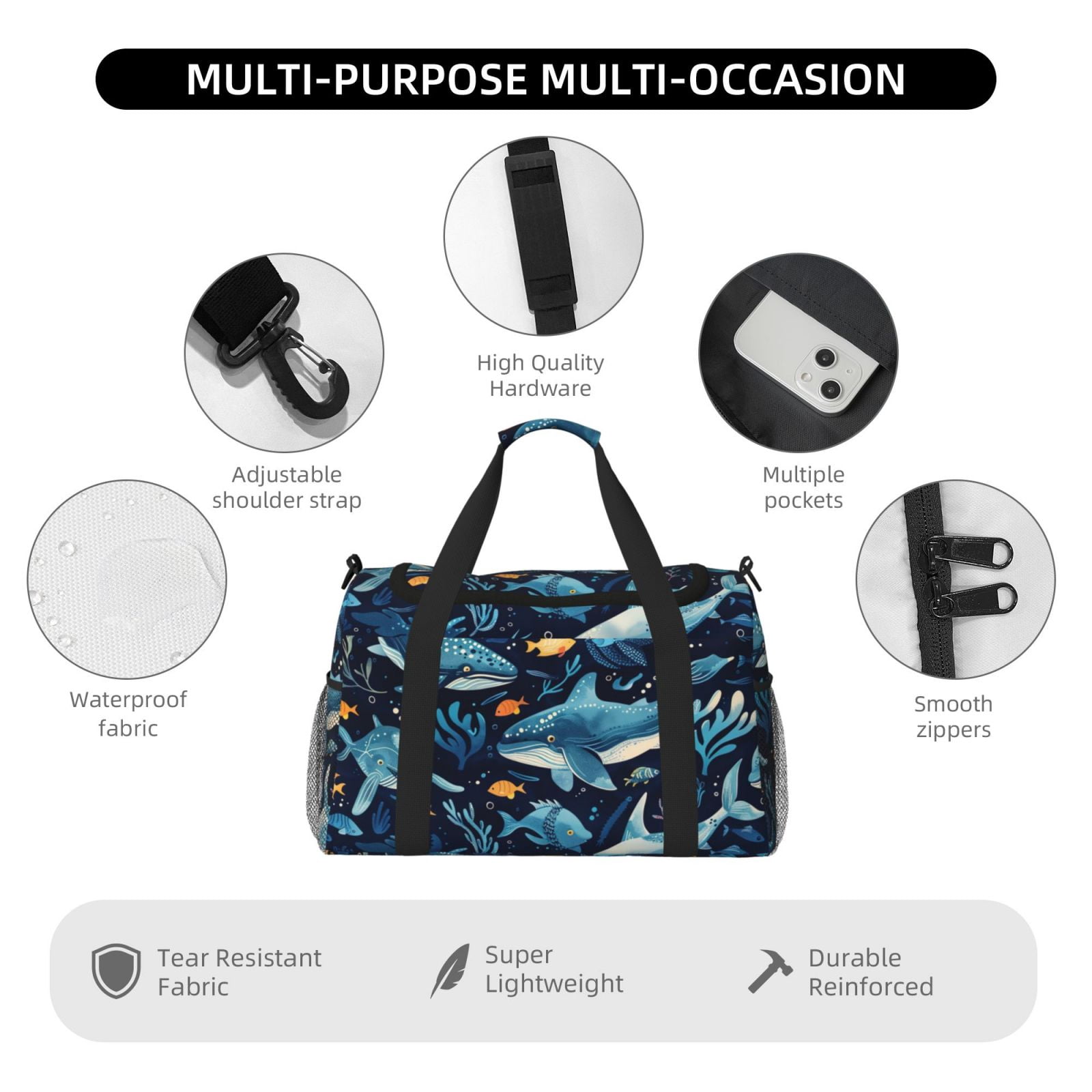 Fuzoiu Playful Whales Underwater Scene Print Travel Duffle Bag,Carry On Tote Bags,Duffel Bag,Sport Gym Bag, Hospital Bag for Labor and Delivery, Overnight Bag,Luggage Bag