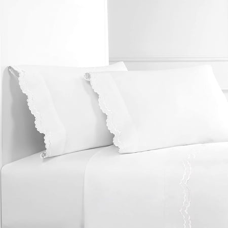 Percale Cotton Double Scalloped Embroidered QN, Queen Sheet Set, White on White