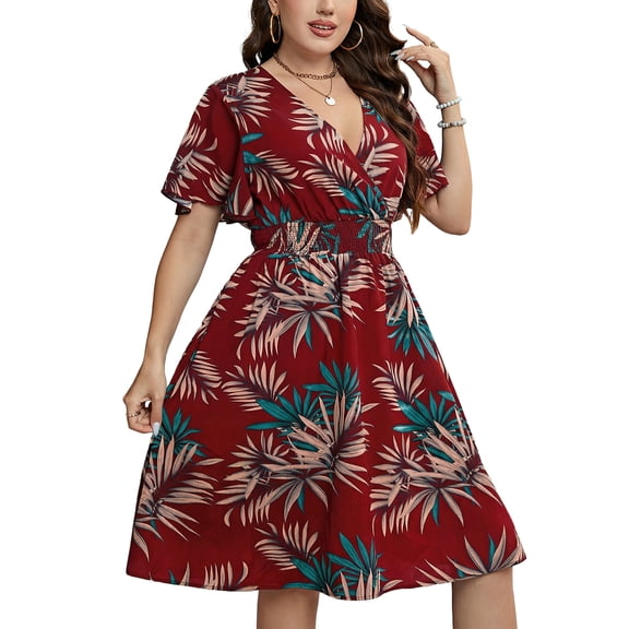 FlorCurve Plus Size Dresses for Women Short Sleeve Surplice V Neck Midi Dress A-Line Floral Print Summer Casual Beach Sundress, Red XL