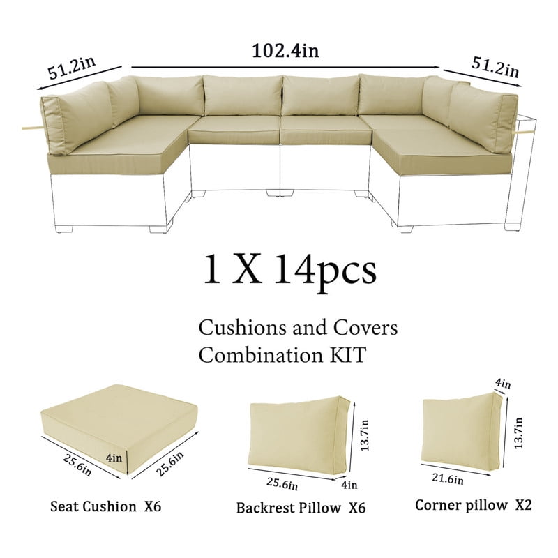 14 Pieces Outdoor sectional cushions replacement set, 4in thick patio furniture cushions, Waterproof Outdoor Couch Cushion,deep seat patio cushions For 6 Seat（Beige）