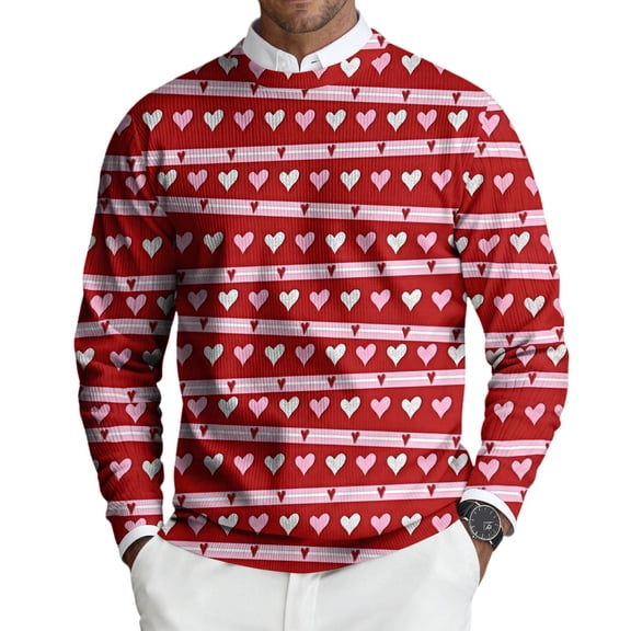 Fgvctg Romantic Valentine's Day Sweater Men Ribbed Knit Crewneck Sweaters Love Heart Print Warm Pullover Slim Fit Long Sleeve Sweater Loose Spring Clothes Vermilion XL