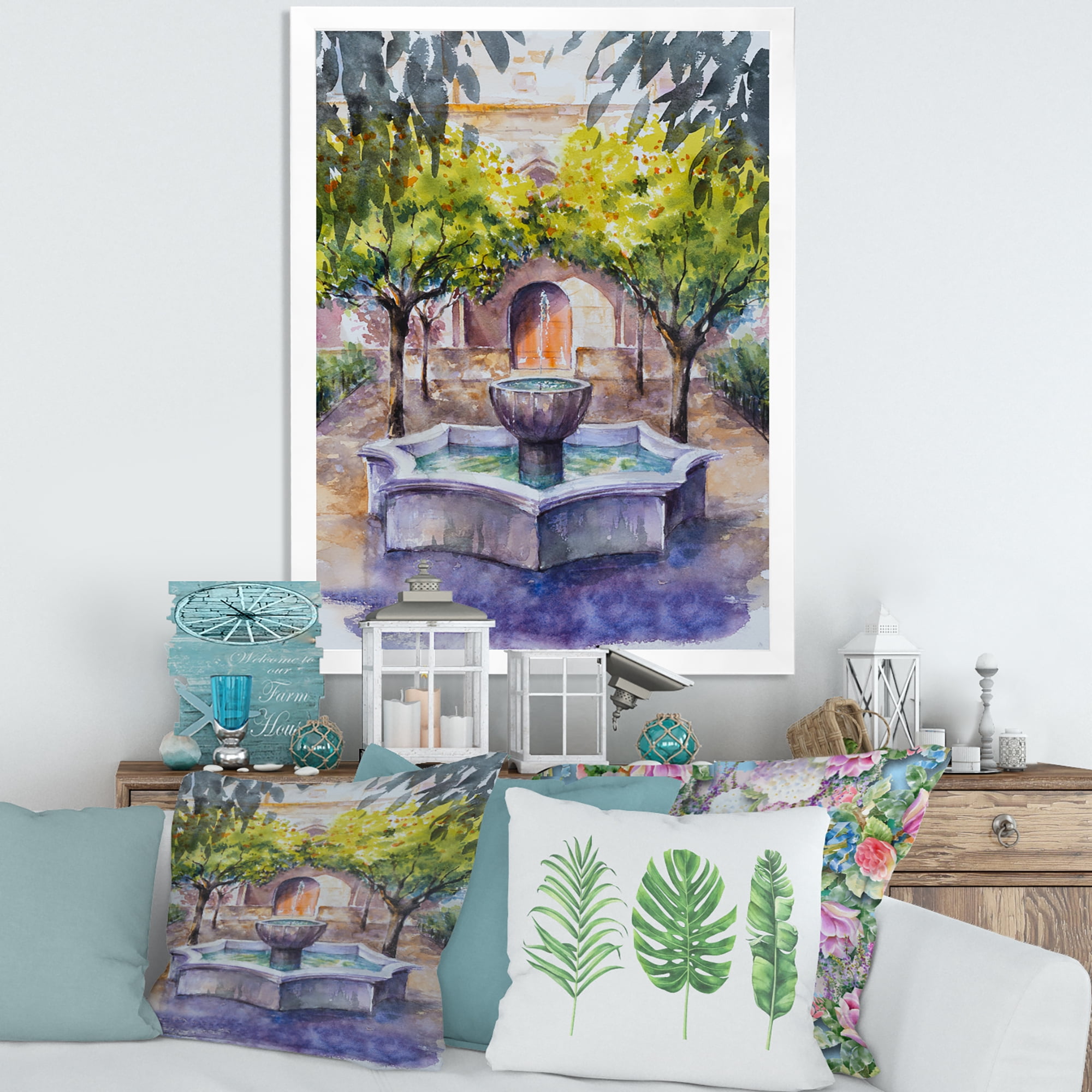 Designart 'Small Fountain With Trees In The Village House' Country Framed Art Print