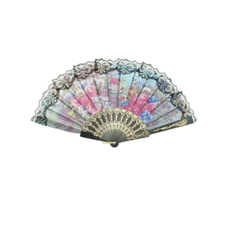 - Unique Bargains Chrysanthemum Print Gold Tone Carved Decor Frame Lace Hem Dancing Fan